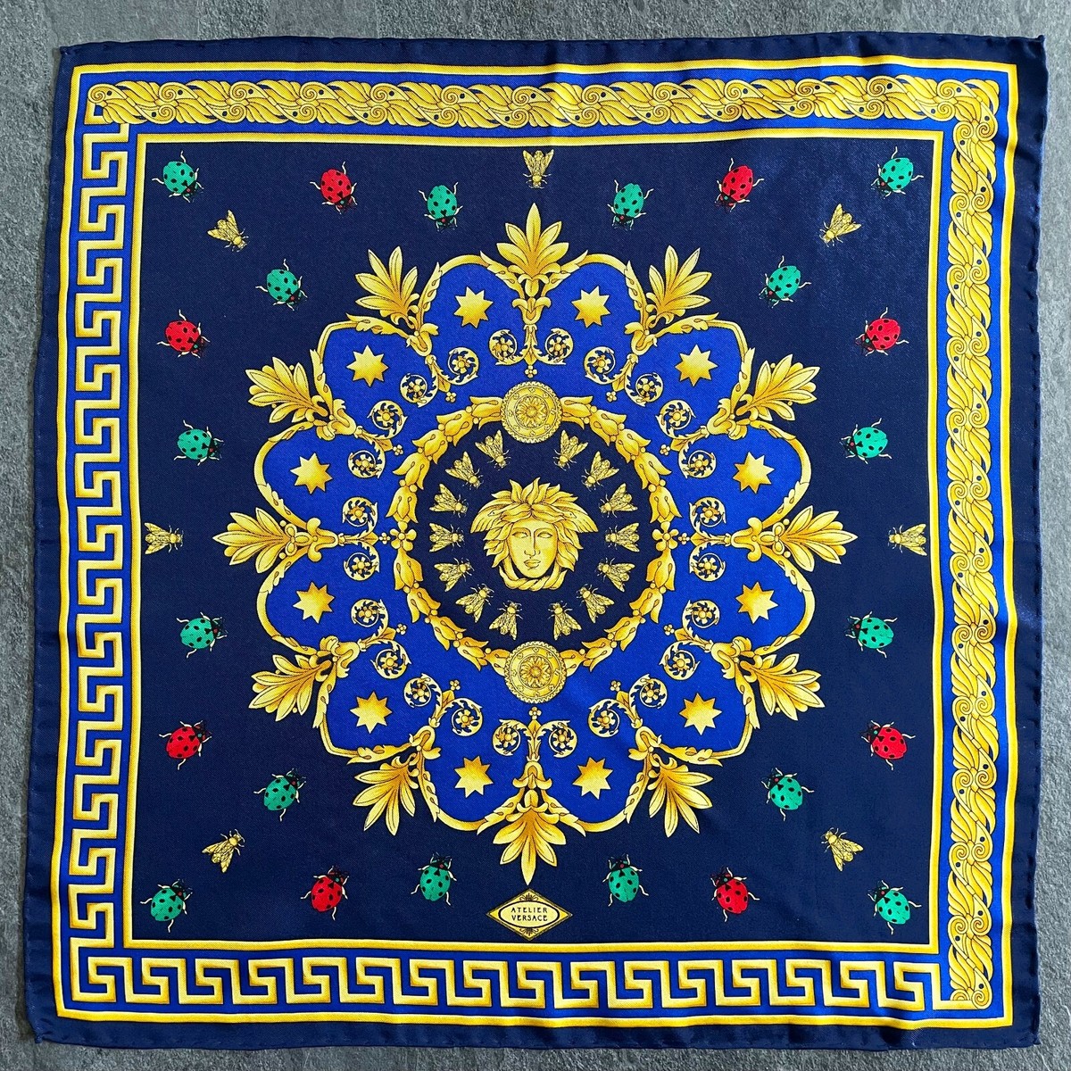 GIANNI VERSACE blue silk neck scarf Baroque Fly Ladybug Medusa