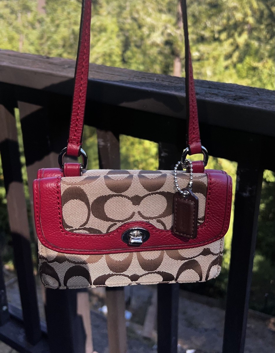 VINTAGE COACH Crossbody Purse Wallet w Turn Lock Khaki/Red Silver