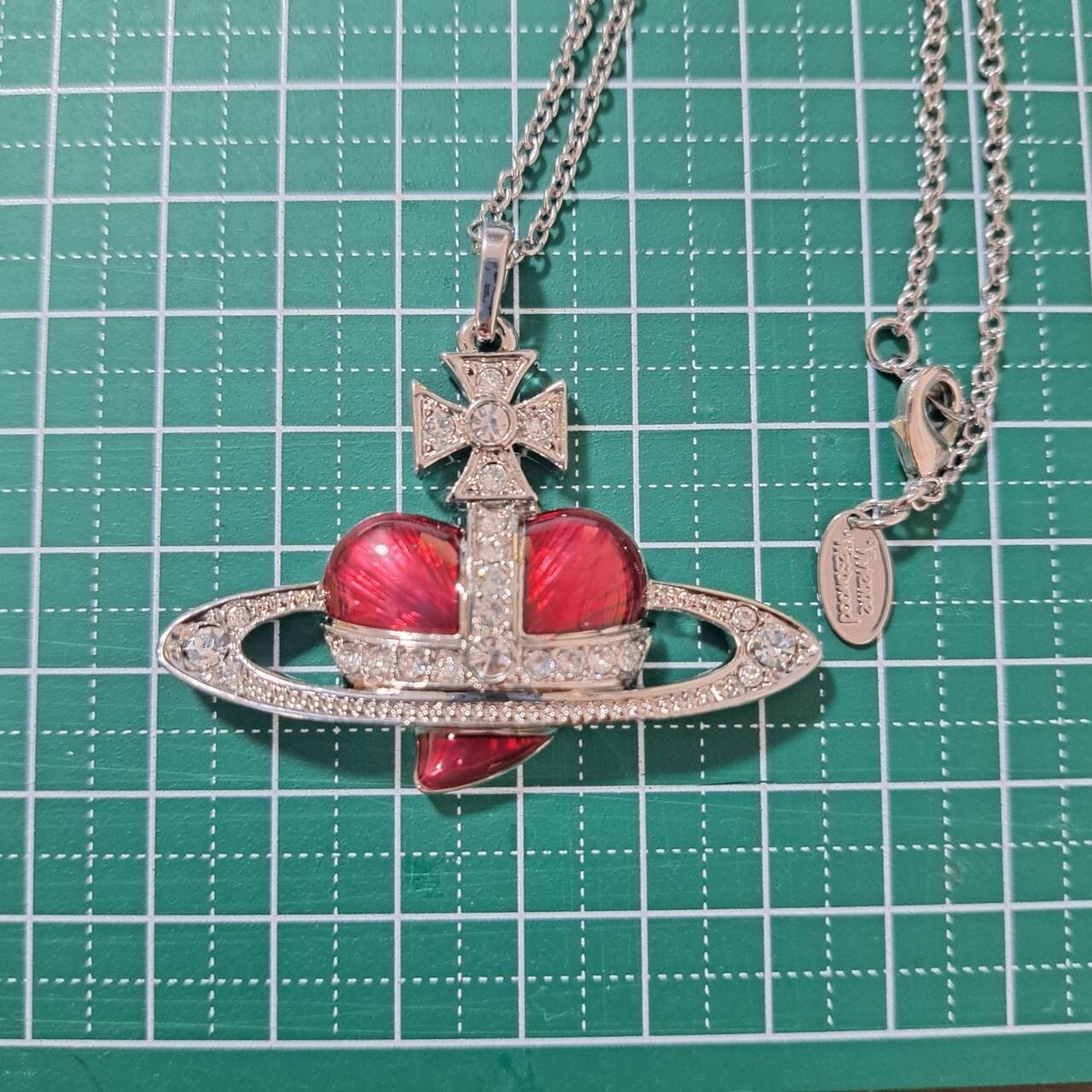 Vivienne Westwood Diamante Heart Orb Large Necklace Silver Red