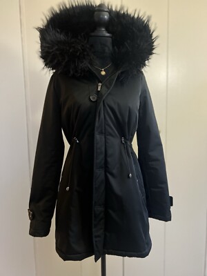 K.Zell Paris Women's Black Parka Coat with Black Fur Hood, US Size