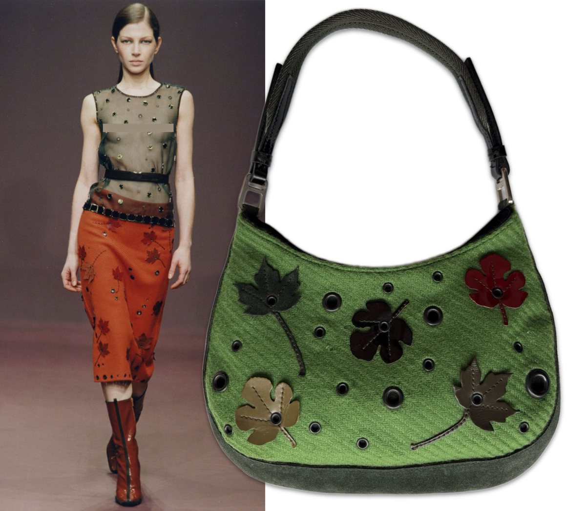 Prada Vintage Fall 1999 Rare Leaf Appliqué Green Wool Suede Mesh
