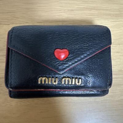 MIU MIU Love Letter Leather Compact Wallet Black Red Used Japan