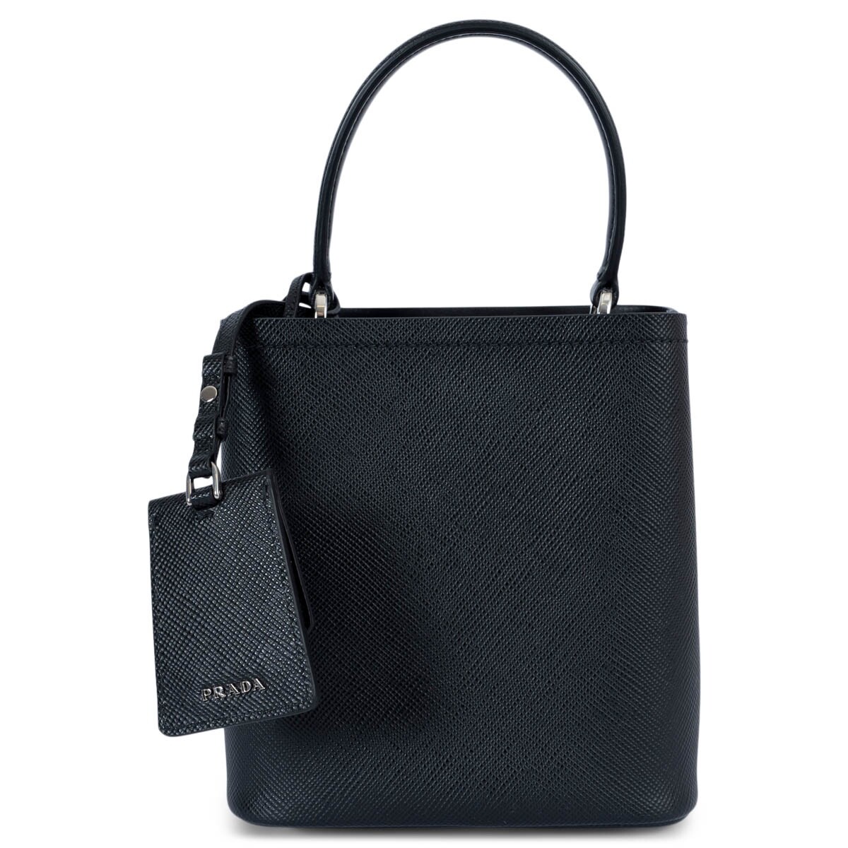 69239 auth PRADA black Saffiano leather CRYSTAL PANIER SMALL