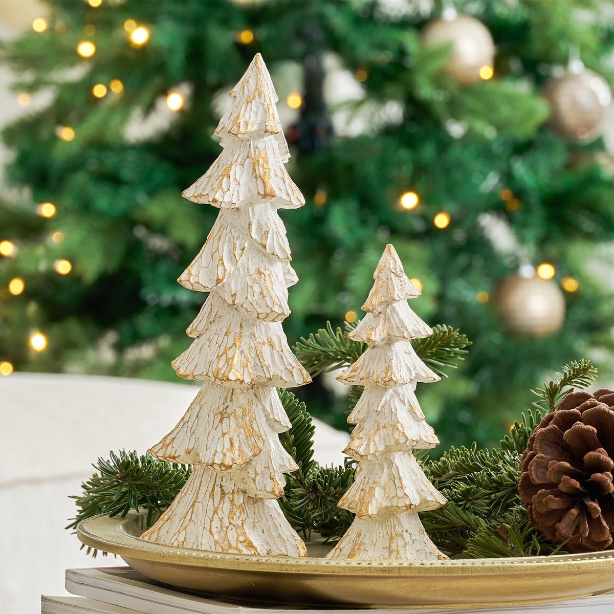 Vintage Christmas Tree Figurines White with Gold 9.64