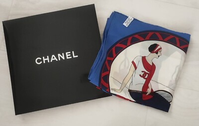 CHANEL Coco Mark Rue Cambon Silk Scarf Blue 33