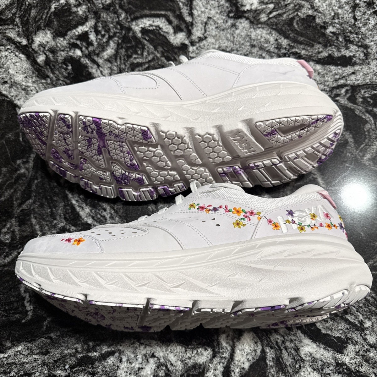 HOKA Bondi L VIBRANT BLOOM FLOWER EMBROIDERED LEATHER SHOES WOMENS
