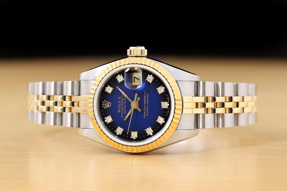 ROLEX DATEJUST 69173 BLUE VIGNETTE FACTORY DIAMOND DIAL 18K GOLD