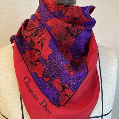Christian Dior large scarf 87cm 34″ square silk paisley red | eBay