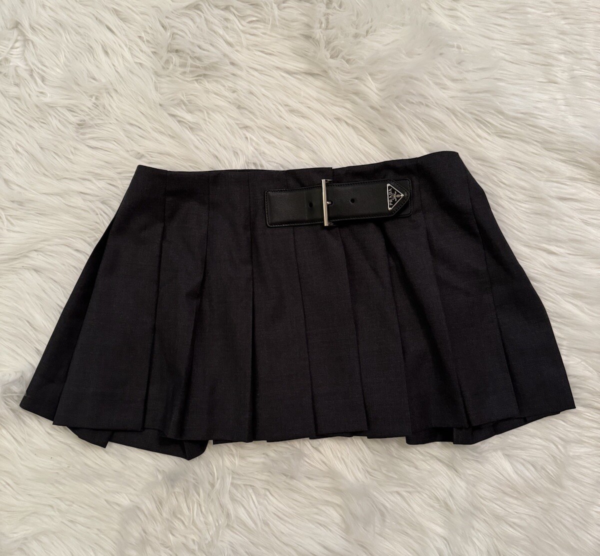 Prada New Pleated Wool Gabardine Mini Skirt Belted Logo Triangle