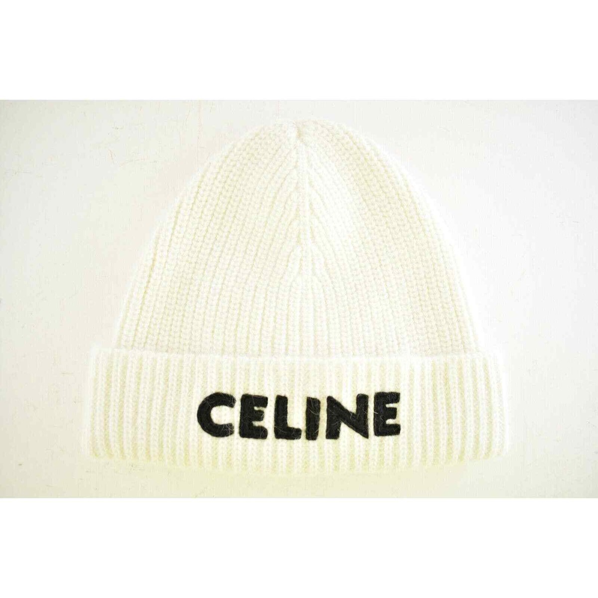 Celine Paris White Black Logo Laine Knit Wool Embroidered Beanie
