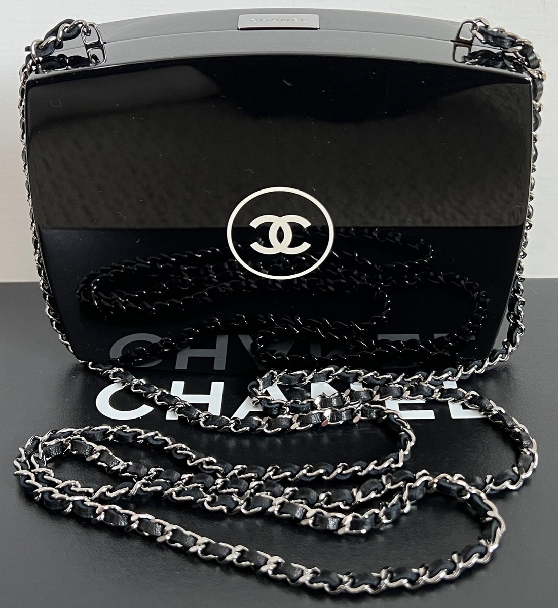 NWT Chanel CC Logo Plexiglass Black Makeup Compact Minaudière