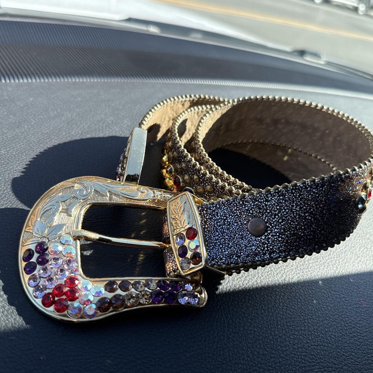 BB Simon Swarovski Crystal Multicolor Leather Belt 38 XXL | eBay