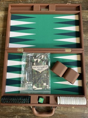 19 Inch Premium Backgammon Set Leather Brown Case- Green Inlay