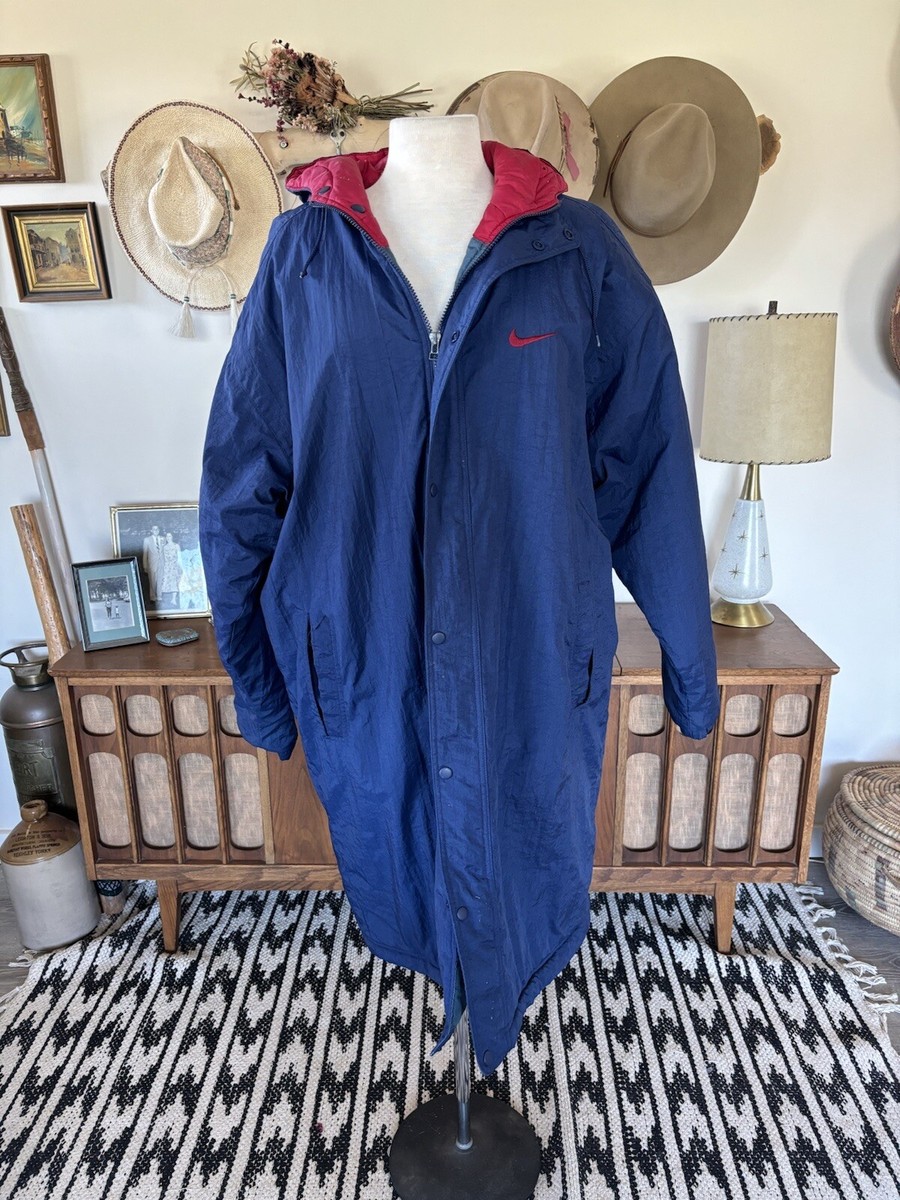 Vintage NIKE Jacket Mens Blue Stadium Parka Trench Coat Long