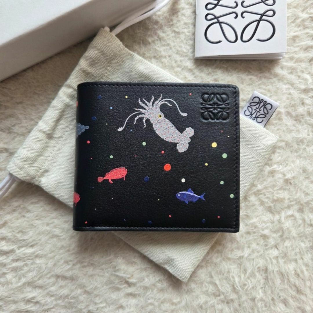 LOEWE Suna Fujita Deep Sea Black Bi-Fold Wallet Authentic w/Dust