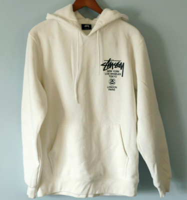 Stussy World Tour Hoodie Men's Size Large Cream White Fleece