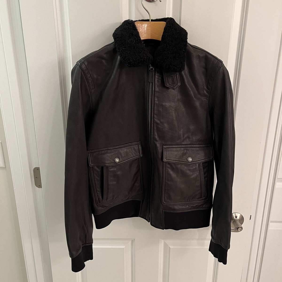 Coach Bomber Flight Jacket Moto Shearling Collar Black Goat