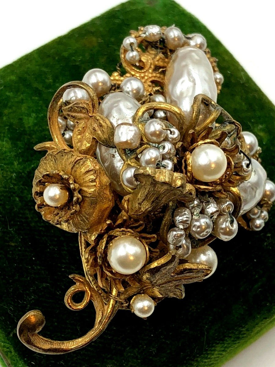 Magnificent Rare Miriam Haskell Signed Brooch Gold Filigree Faux