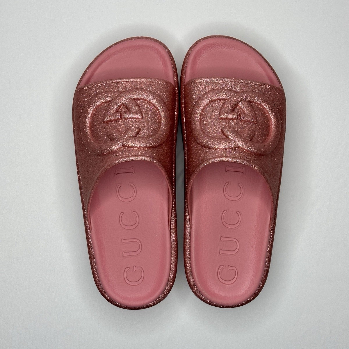 Size 39 - NEW GUCCI Glitter Pink Rubber GG Logo Slides Platform