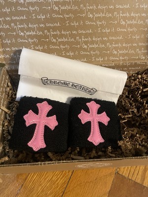BRAND NEW Chrome Hearts Black Sweatbands Wristbands Pink Leather