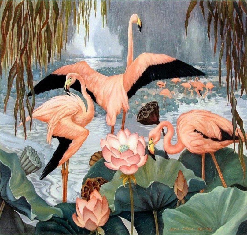 Flamingoes and Lotus by Jessie Arms Botke – Decorative Art Print