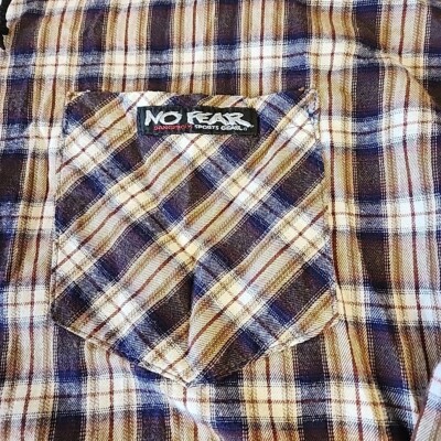Vintage 90s No Fear Flannel Plaid Hoodie L Made in USA Button Up