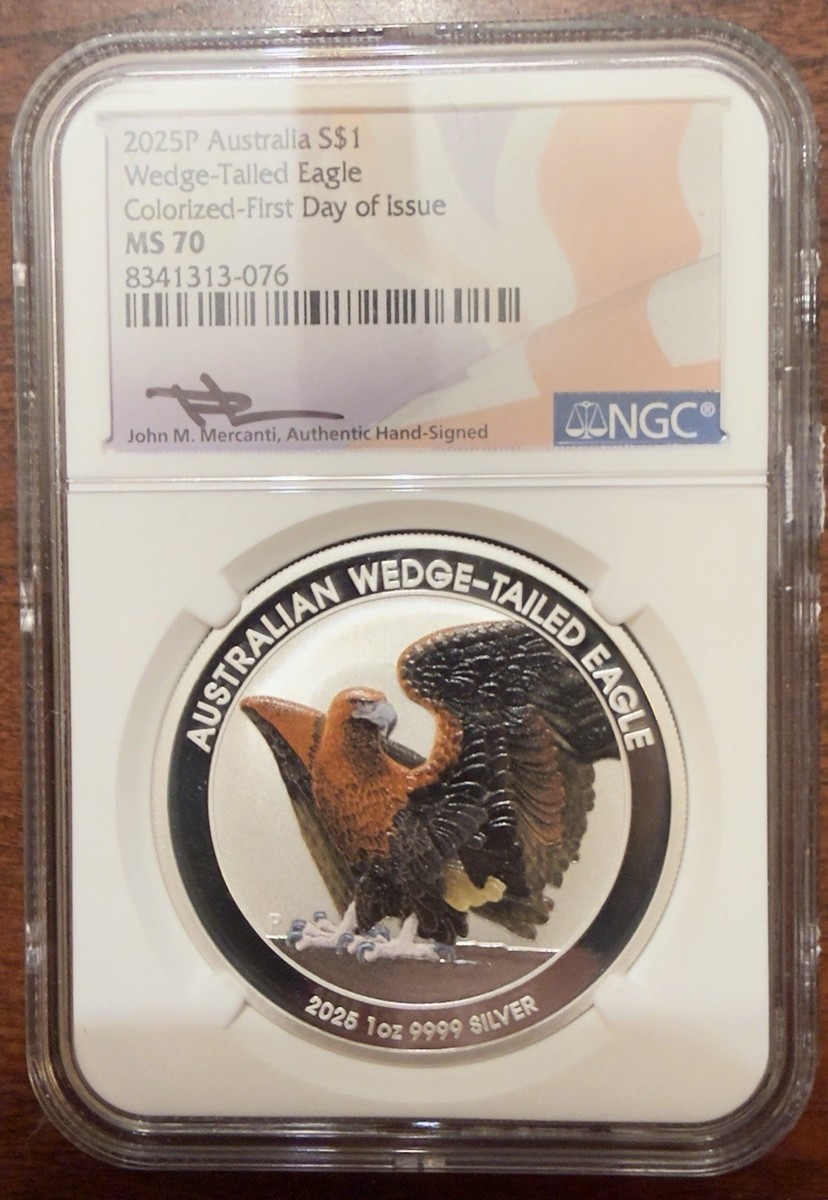 2025P Australia S$1 Wedge-Tailed Eagle Colorized MS70 First Day Of