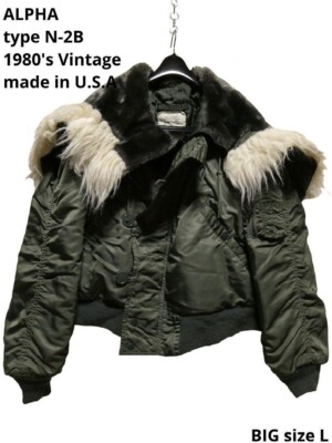 ALPHA N-2B Flight Jacket Coat men Size L olive green 80s vintage