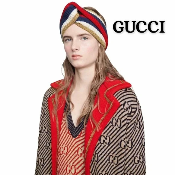 GUCCI SYLVIE WEB WOOL HEADBAND Red/Blue/White/Gold Knit NEW W