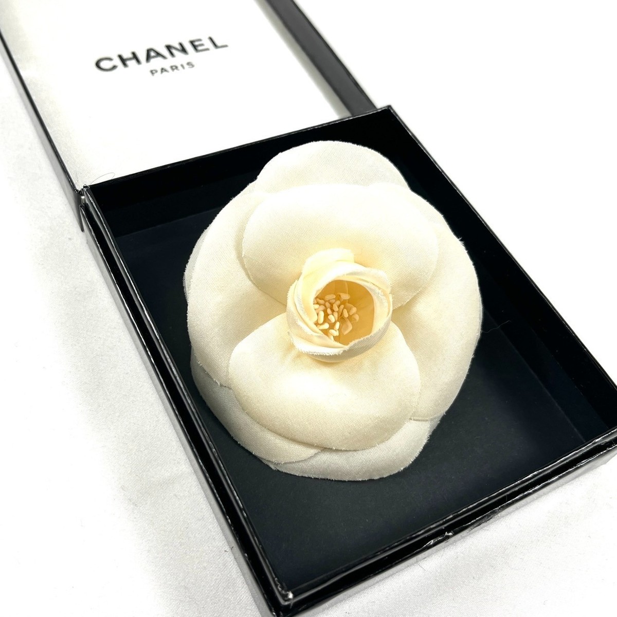 CHANEL Camellia Flower Brooch Corsage Satin Box Beige White