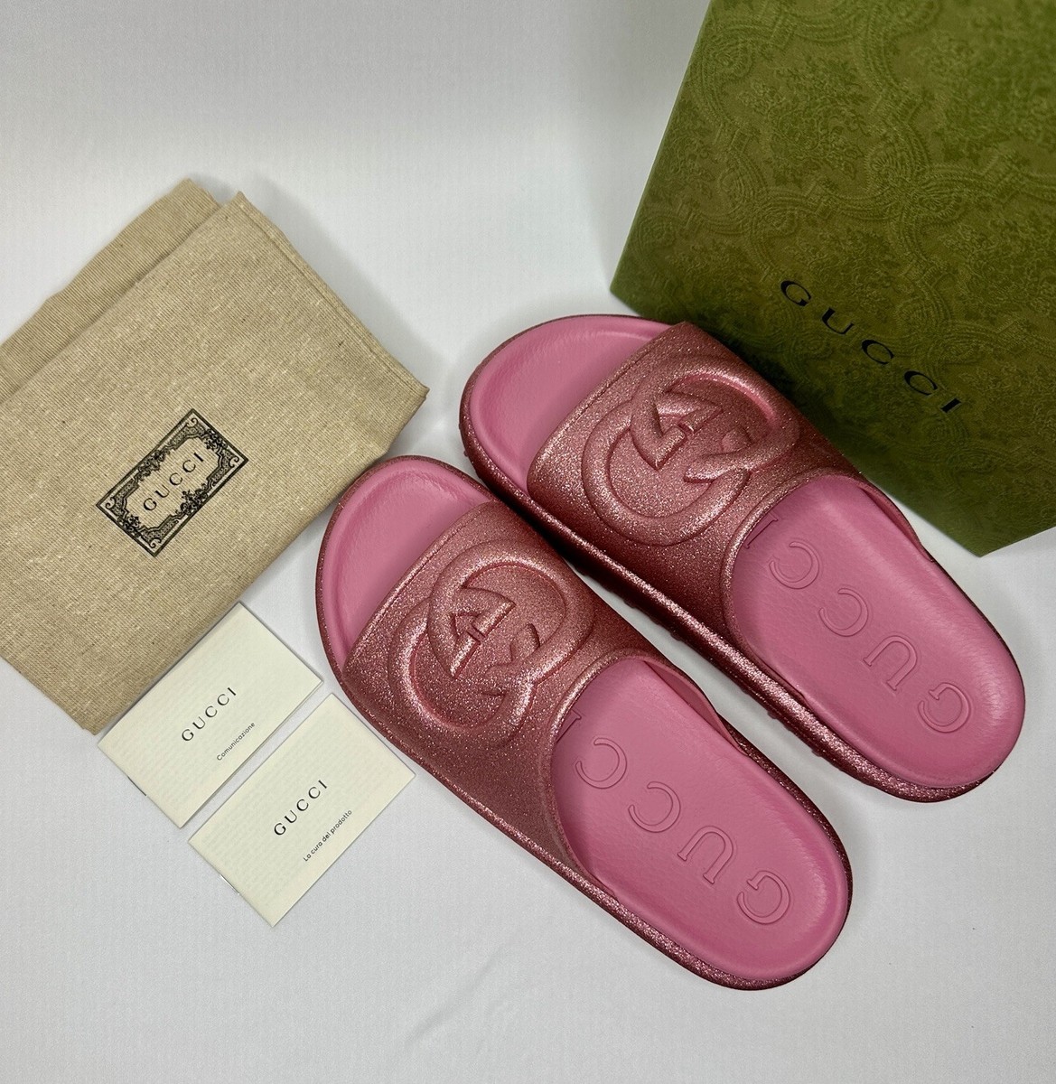 Size 39 - NEW GUCCI Glitter Pink Rubber GG Logo Slides Platform