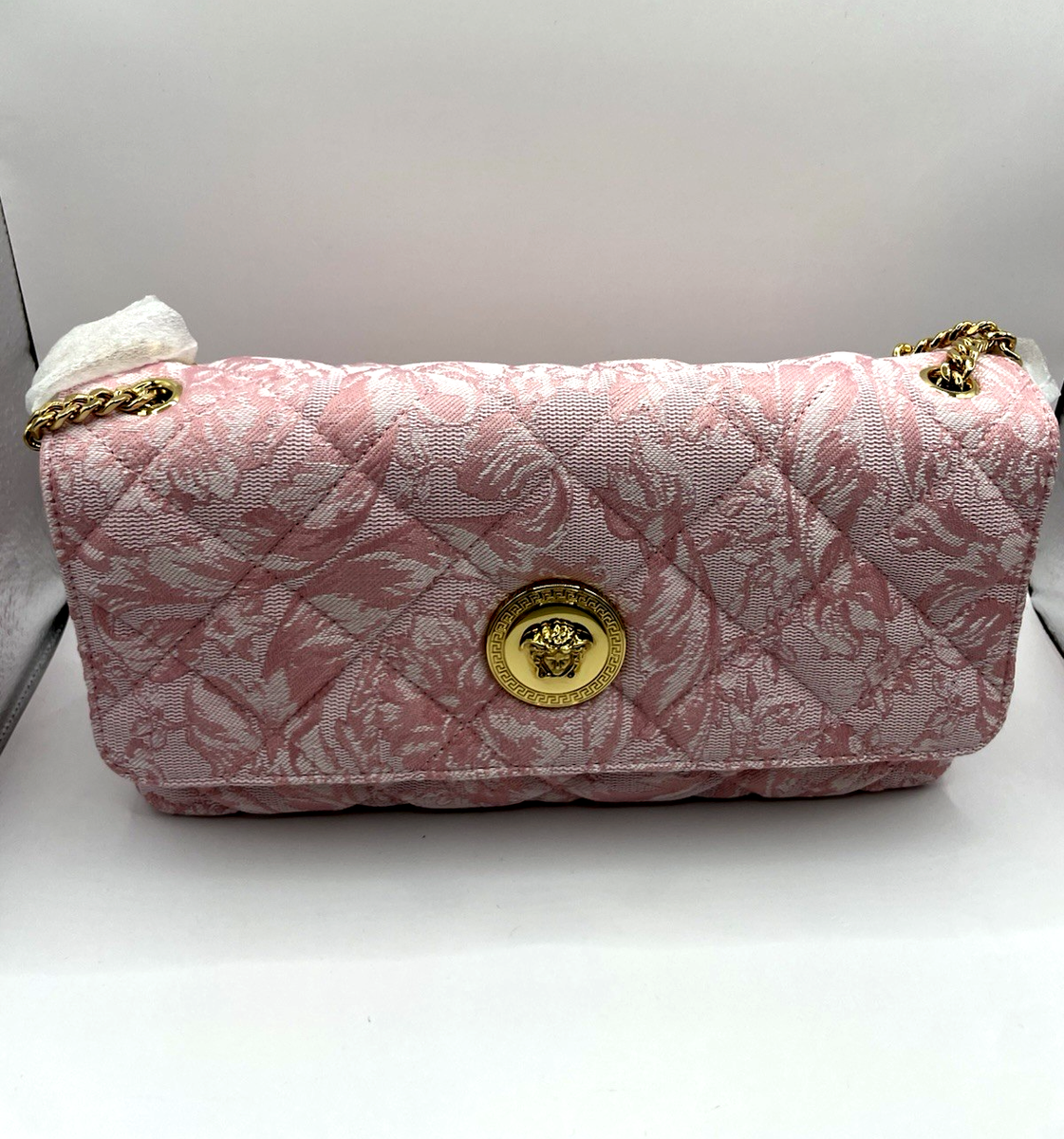 Versace Md Shoulder Bag Fabric Lamb Leather Baby Pink $1500 Retail