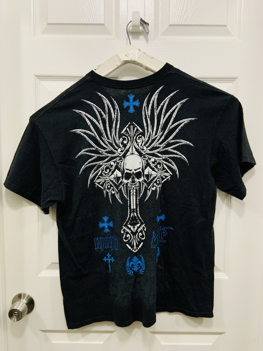 Vintage Y2K MMA Elite T Shirt Skull Goth Wing Cross Skate Grunge