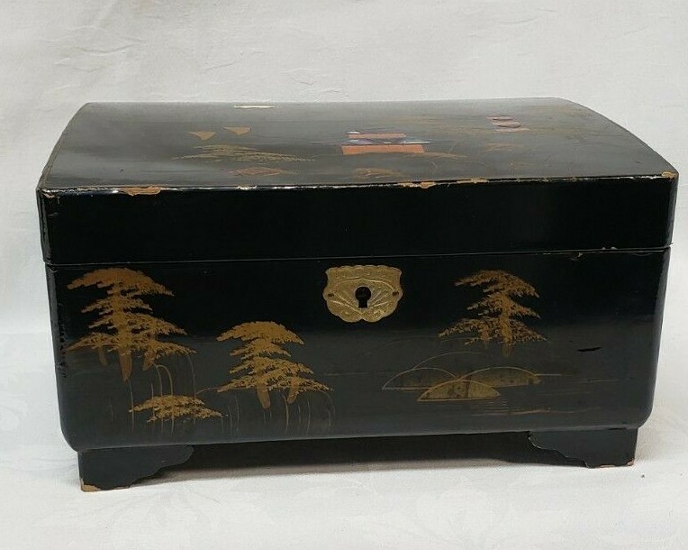 VTG Asian Wood Lacquer Jewelry Music Box, Oriental Trinket