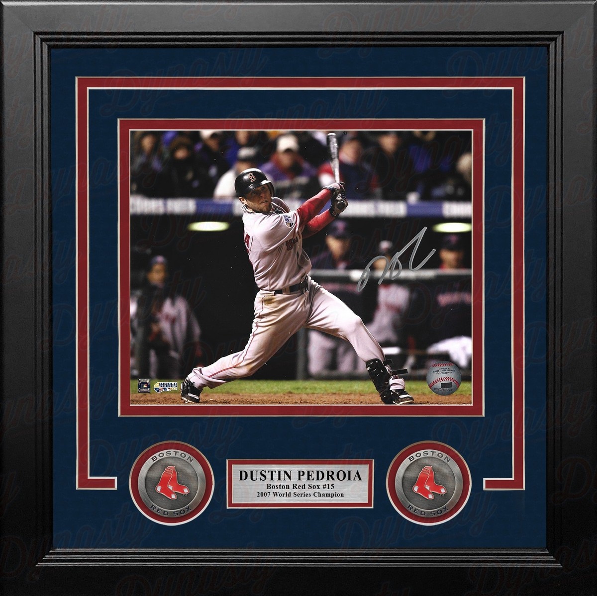 Dustin Pedroia 07 WS Action Boston Red Sox Autographed 8x10 Framed