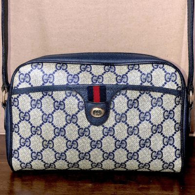 GUCCI GG Supreme Ophidia Sherry Line Navy Leather Grey Canvas