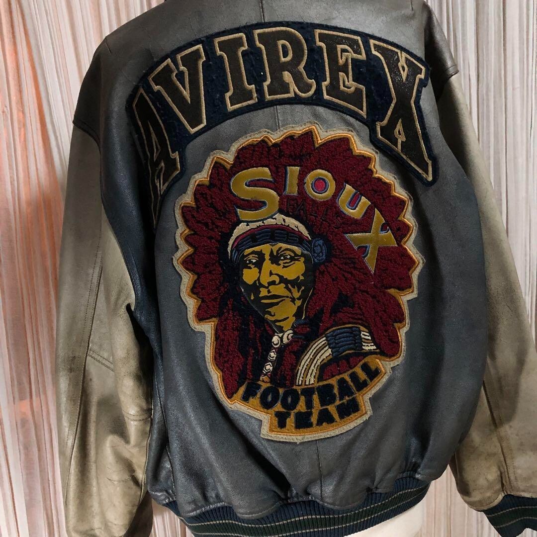 AVIREX Indian Head Varsity Genuine Leather Jacket Size M VIntage