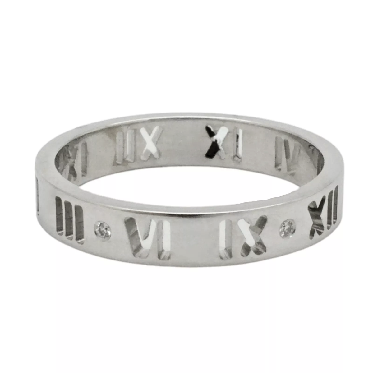 TIFFANY & CO. Atlas 18k White Gold Roman Numerals Diamonds Pierced