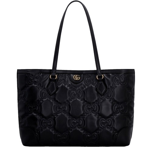 GUCCI Tote Bag Hand Leather Open Top Logo Embossed Black XZ OH