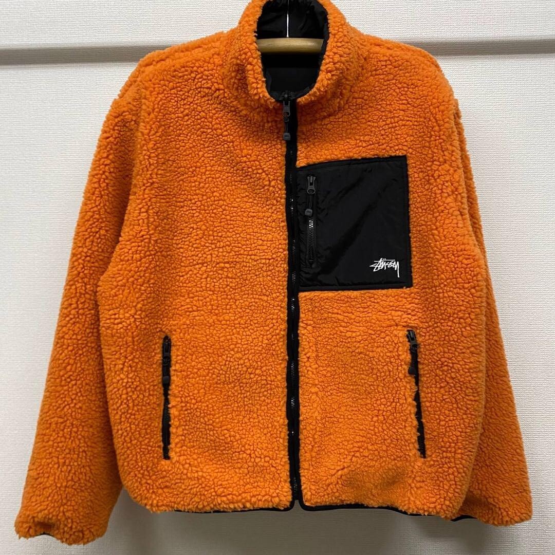 Stussy 8 Ball Sherpa Jacket L Orange Fleece Zip-Up size L Men's
