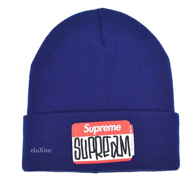 NWT Supreme NY Gonz Name Tag Logo Beanie Navy Blue Hat Cap FW21 DS
