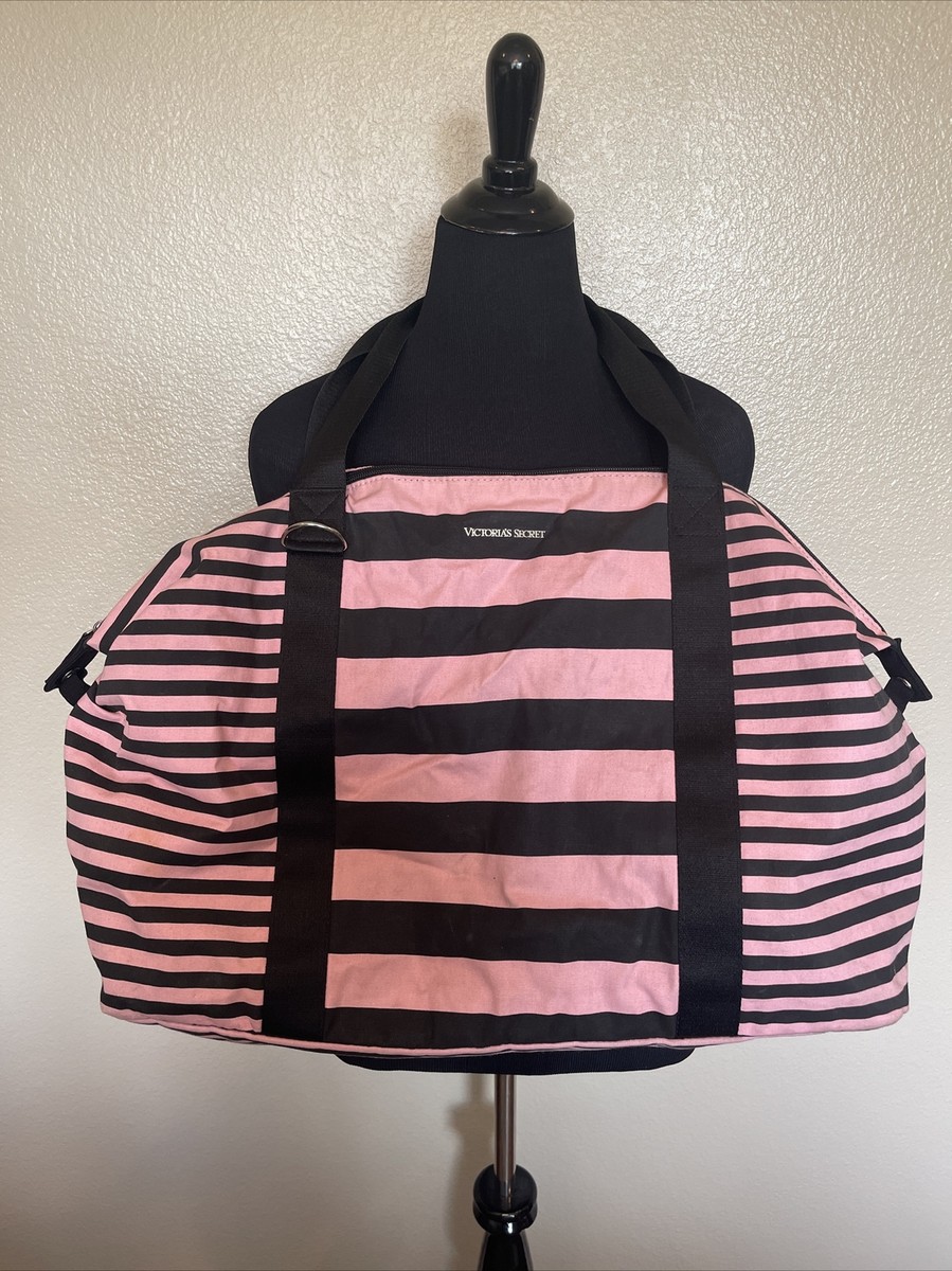 VICTORIAS SECRET DUFFLE BAG WEEKENDER CARRY ON PINK BLACK STRIPE