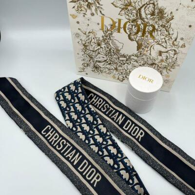 Christian Dior scarf mini Mitza navy blue silk twill 6 x 105 cm
