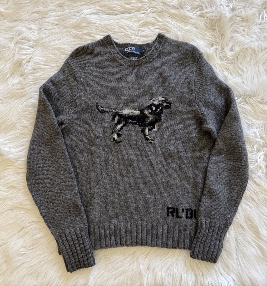 Polo Ralph Lauren Dog Sweater 2001 Hand Knit Wool Cashmere Grey