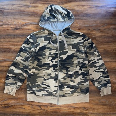 VTG Zip Up Hoodie Thermal Lined Camouflage Camo XL Distressed