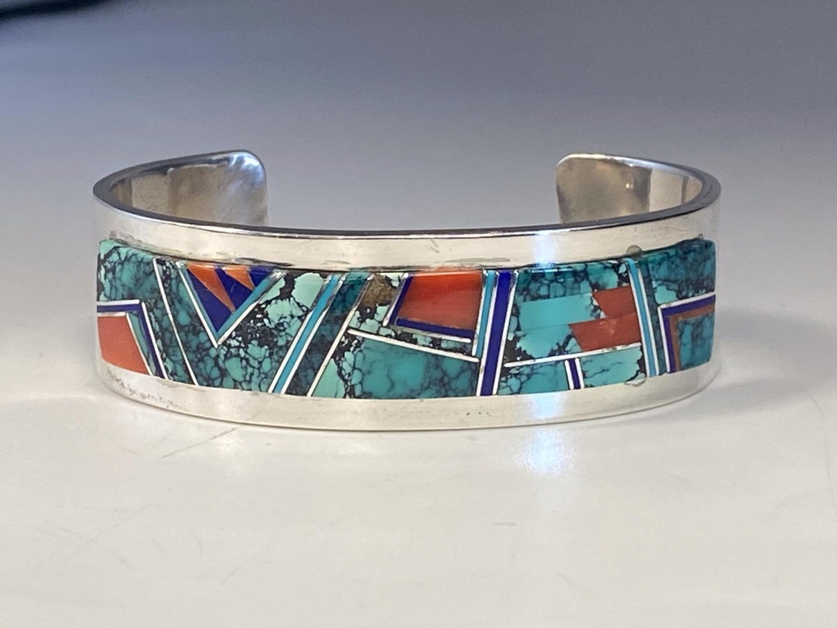 Edison Begay EB Navajo Sterling Silver Turquoise & Coral Cuff