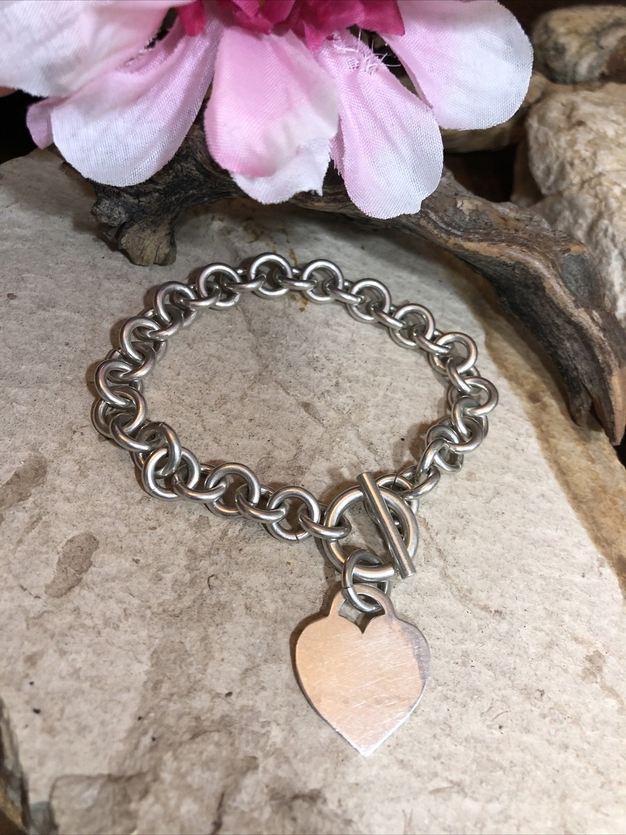 Vintage 925 Sterling Silver Link Toggle clasp Heart Charm Bracelet