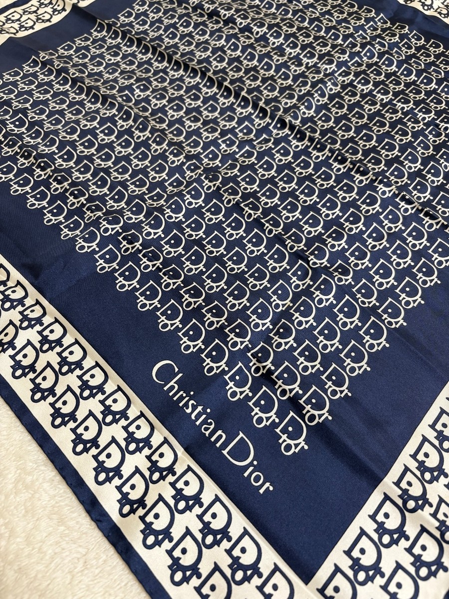 Christian Dior Silk Scarf Trotter Monogram Logo Pattern White Navy