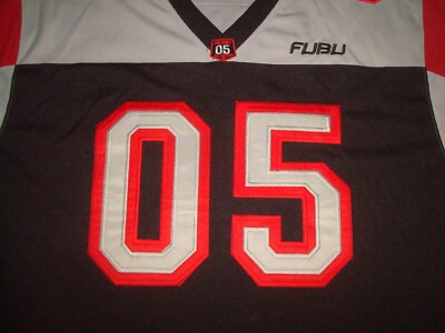 VTG 90s FUBU 05 FOOTBALL JERSEY XL HIP HOP RAP SEWN GRAY BLACK ALL