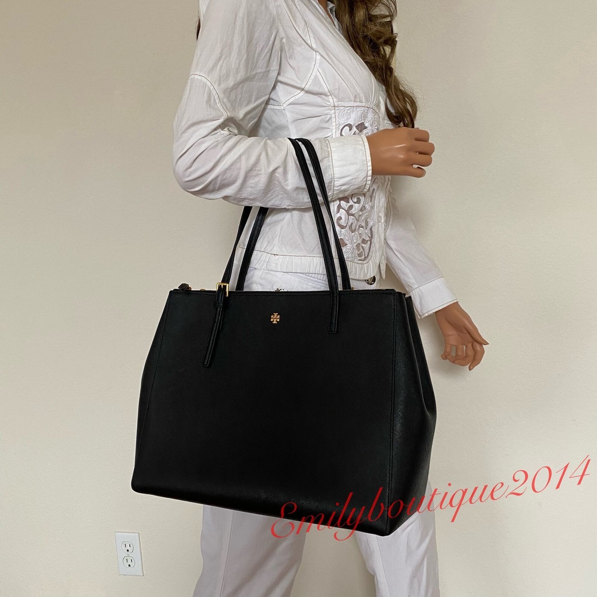 NWT Tory Burch 134837 Emerson Large Double Zip Tote Black Saffiano